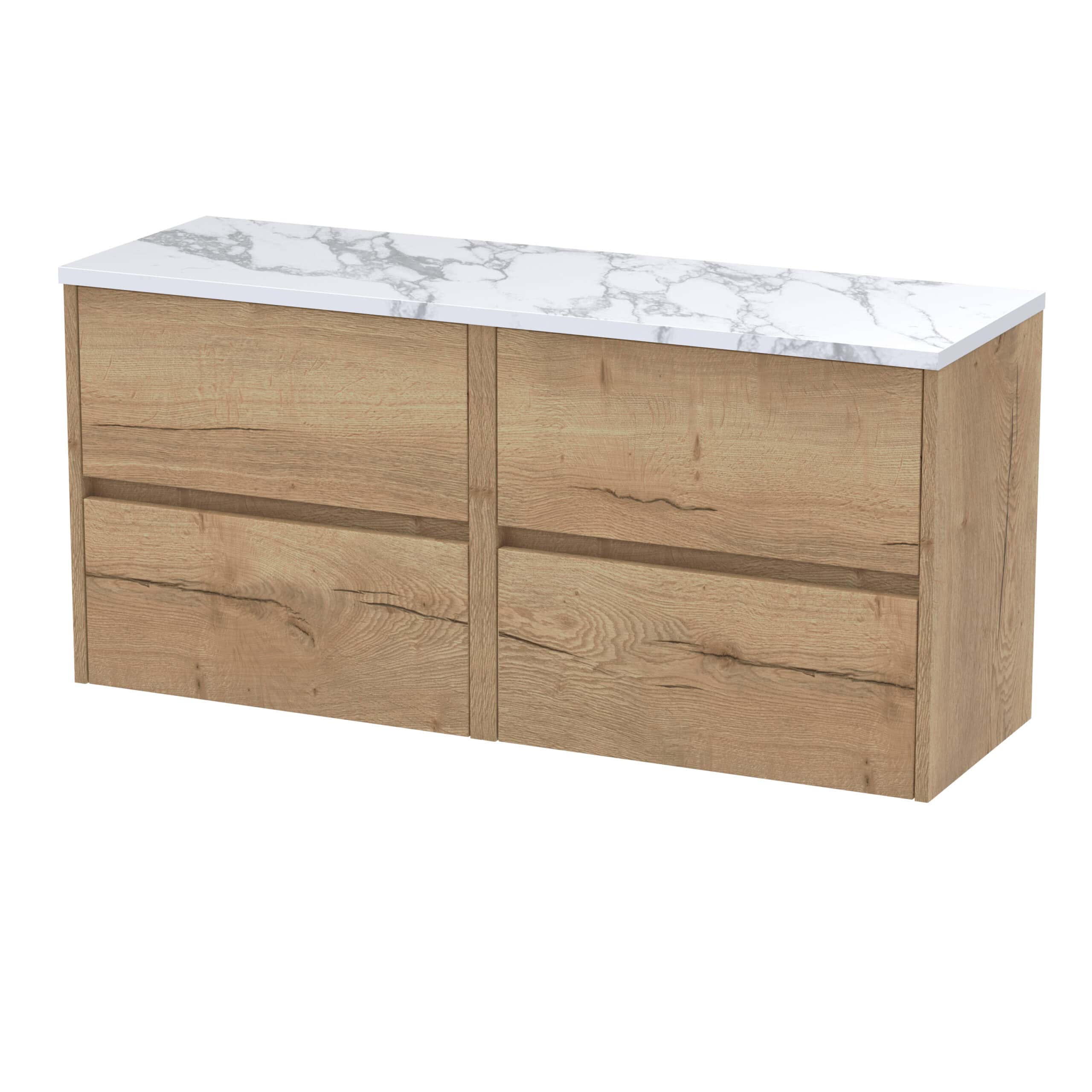 Natural wood bathroom vanity with a white marble countertop, modern Scandinavian design, functional storage, perfect for contemporary bathrooms in the UK.