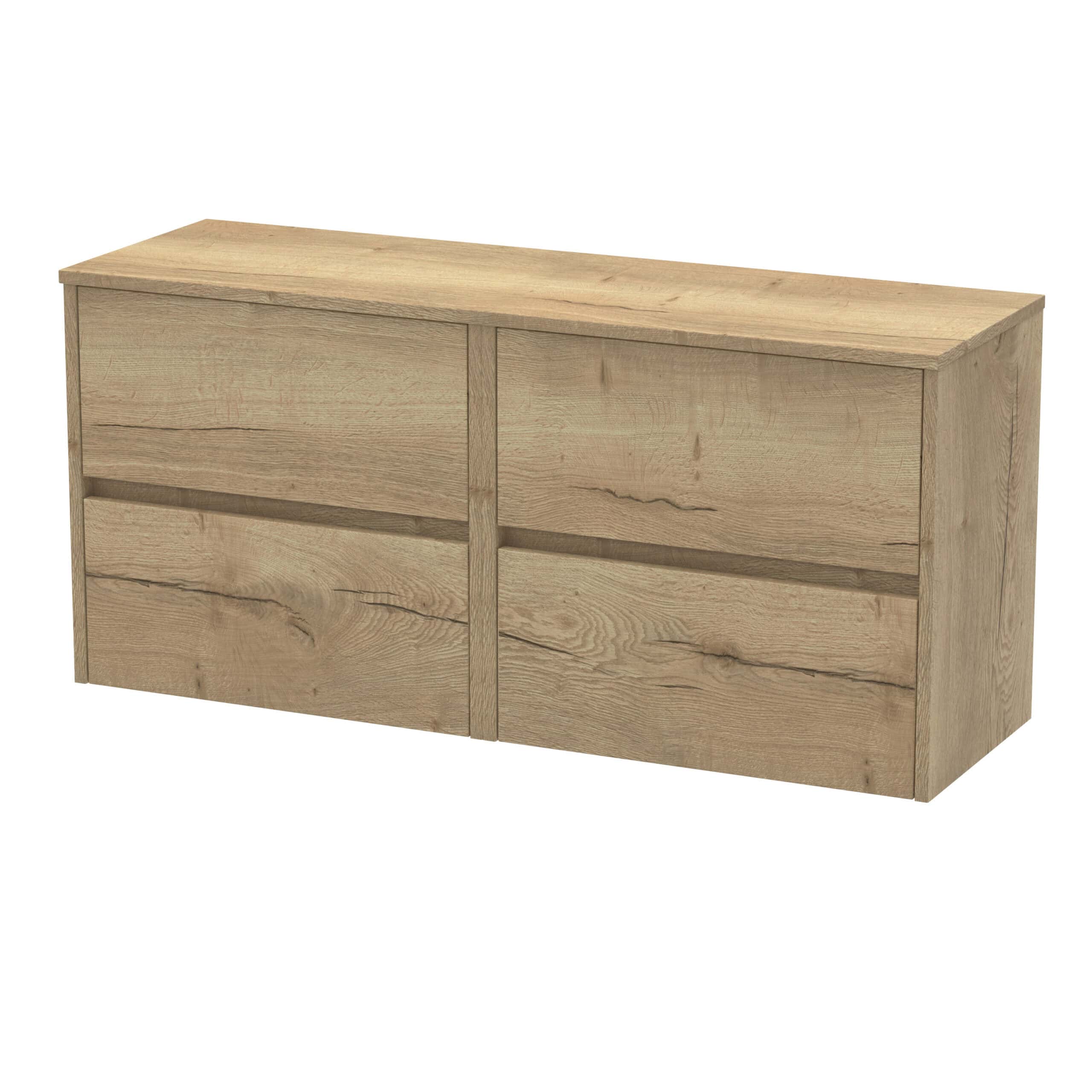 Solid oak bathroom storage cabinet with two sliding doors, natural wood finish for a contemporary bathroom look.