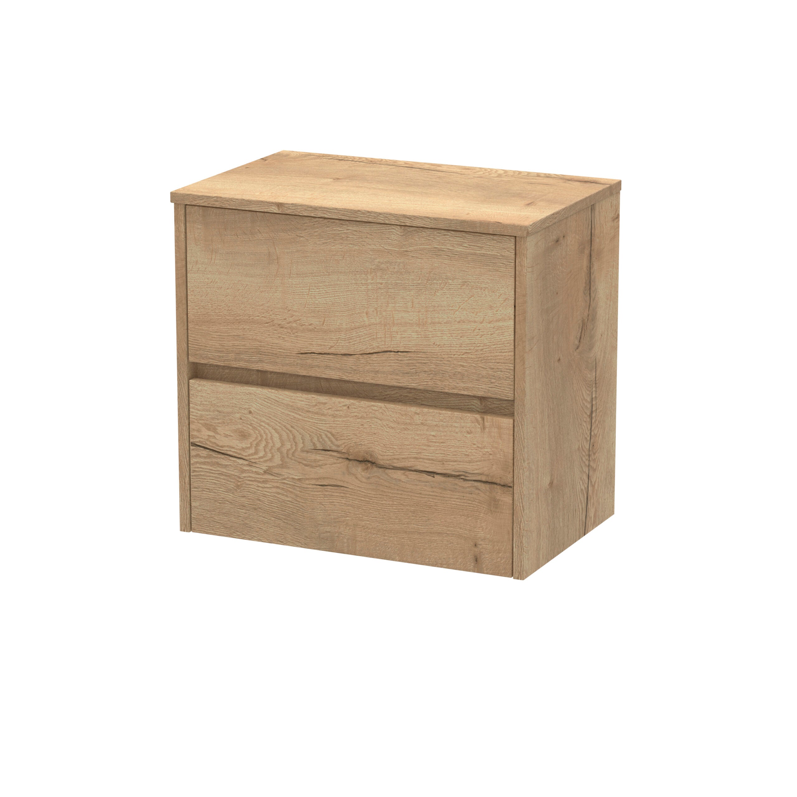Solid wood bedside table with two drawers, natural finish, modern minimalist design, suitable for contemporary bathroom or bedroom storage.
