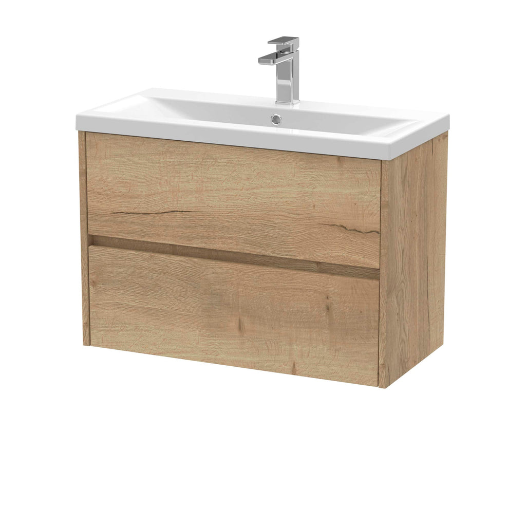 Modern wooden bathroom vanity with integrated white ceramic sink and chrome faucet, ideal for contemporary bathroom decor.