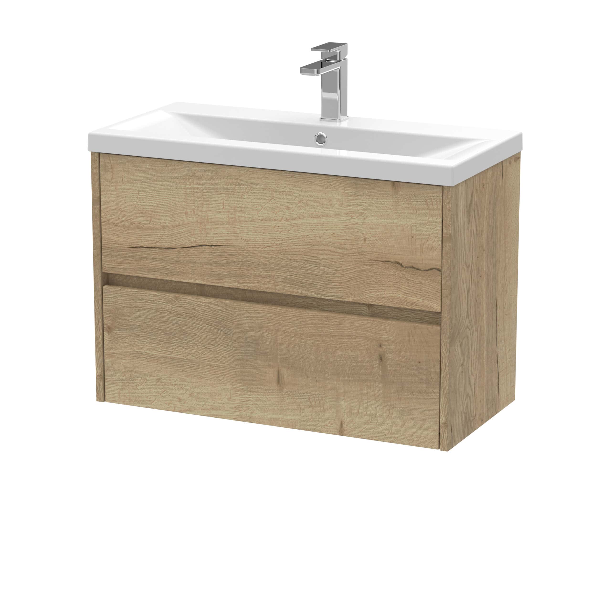 Modern wooden bathroom vanity with integrated white ceramic sink and chrome faucet, ideal for contemporary bathroom decor.