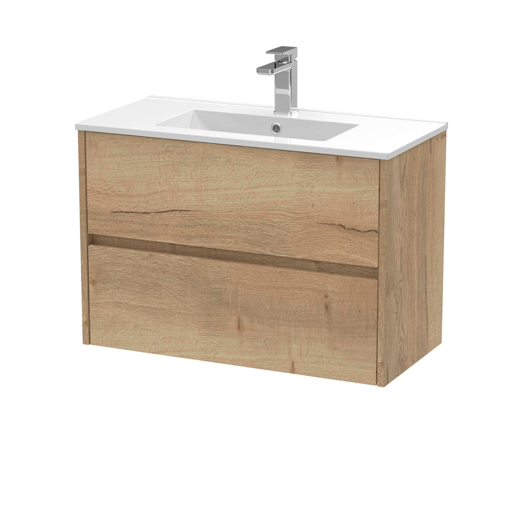 Modern wooden bathroom vanity with integrated sink and chrome faucet, ideal for contemporary bathroom design. Crafted from natural oak, offering durable and stylish storage with sleek features.
