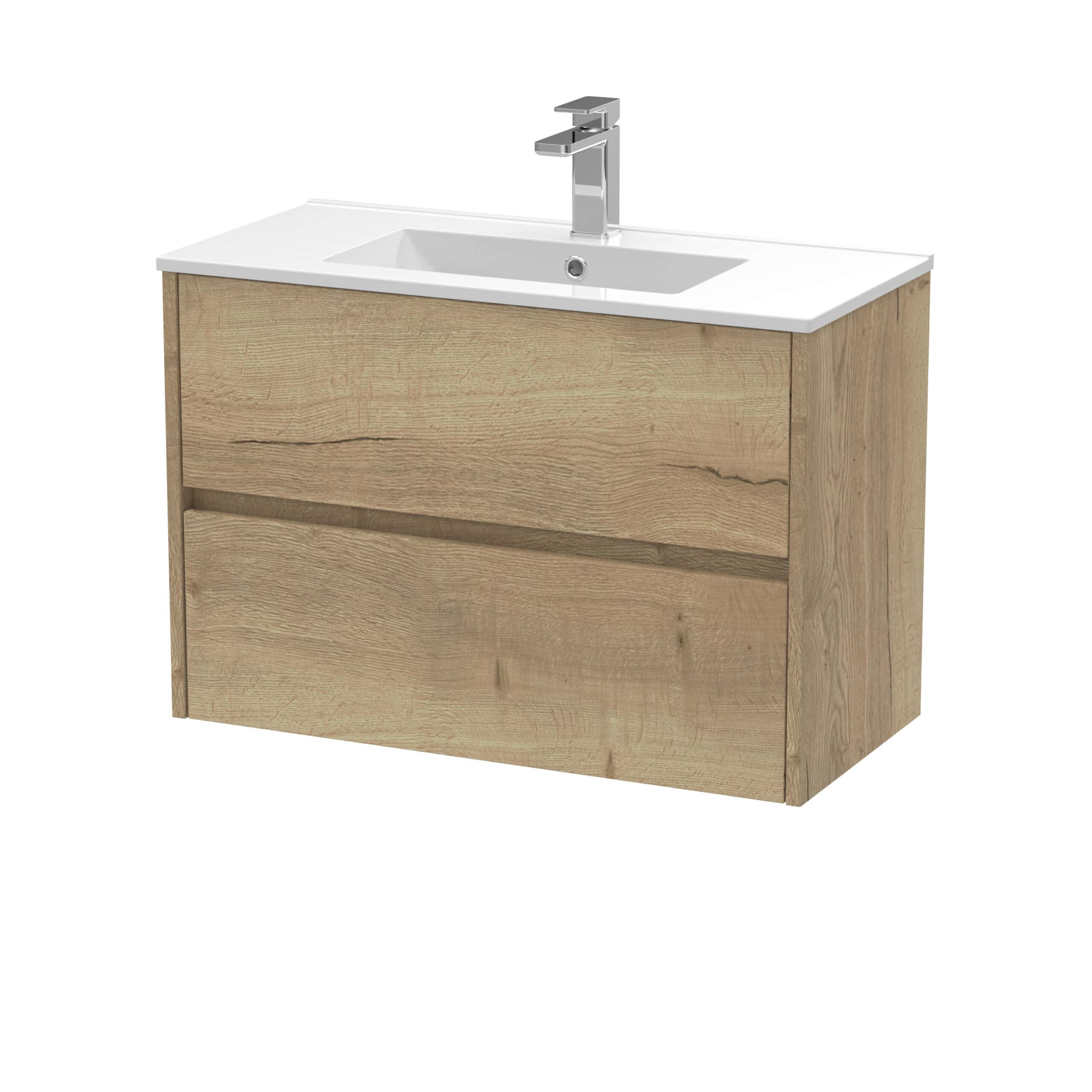 Modern wooden bathroom vanity with integrated sink and chrome faucet, ideal for contemporary bathroom design. Crafted from natural oak, offering durable and stylish storage with sleek features.