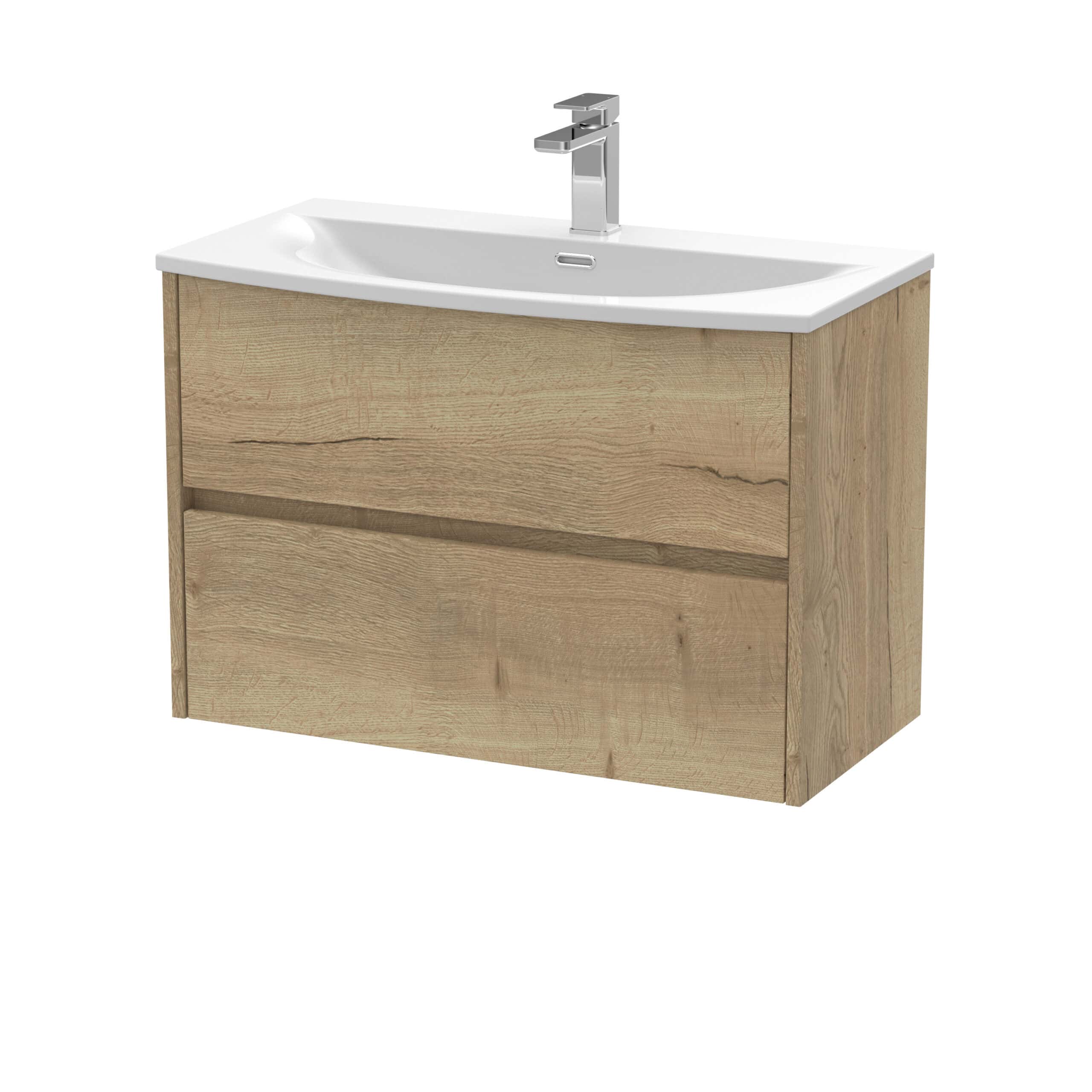 Modern bathroom vanity unit with integrated sink and wood finish, ideal for contemporary bathroom interiors and offers practical storage solutions.