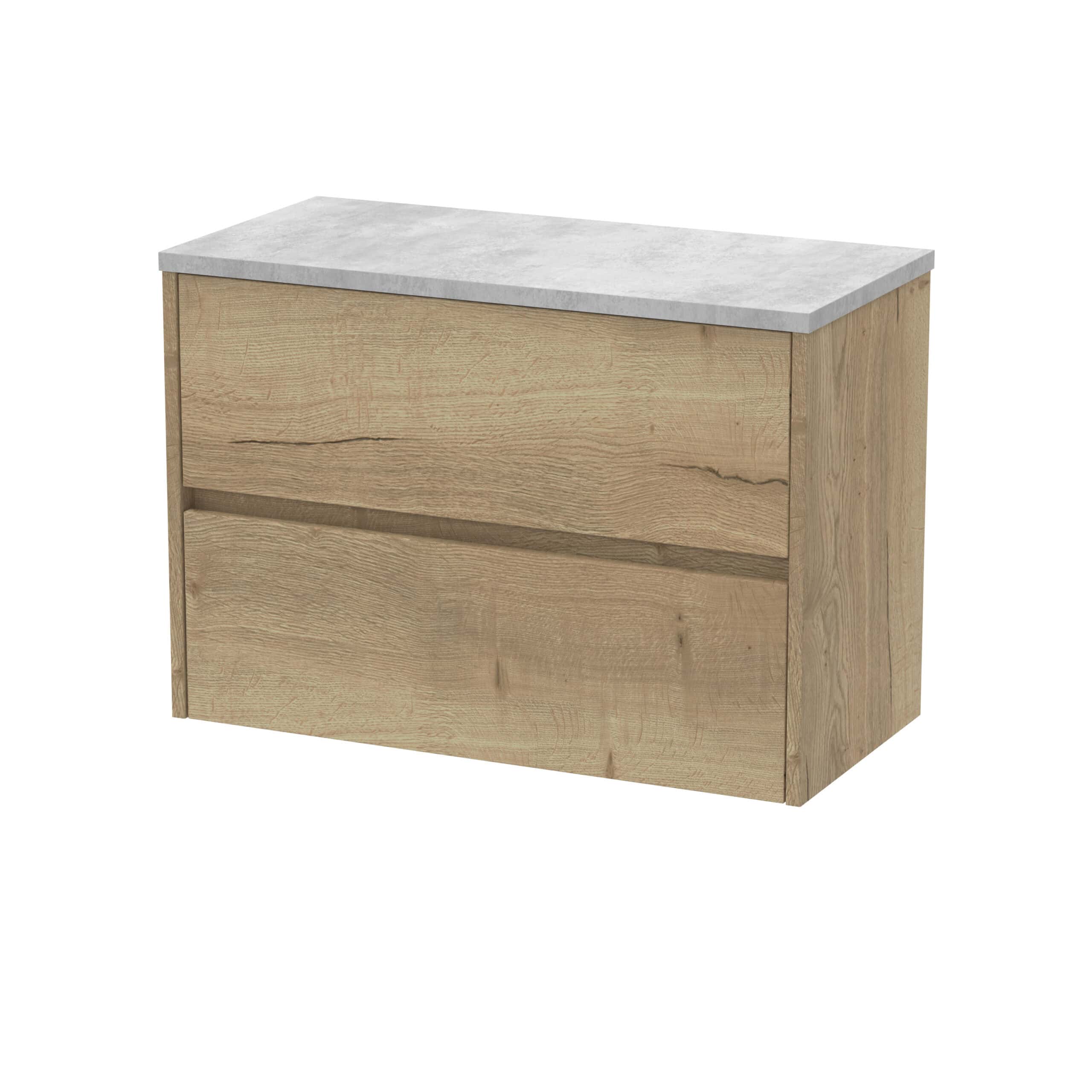 Natural wooden bathroom vanity with a light stone top, modern minimalistic design, ideal for contemporary bathrooms, durable materials, and stylish storage solution.