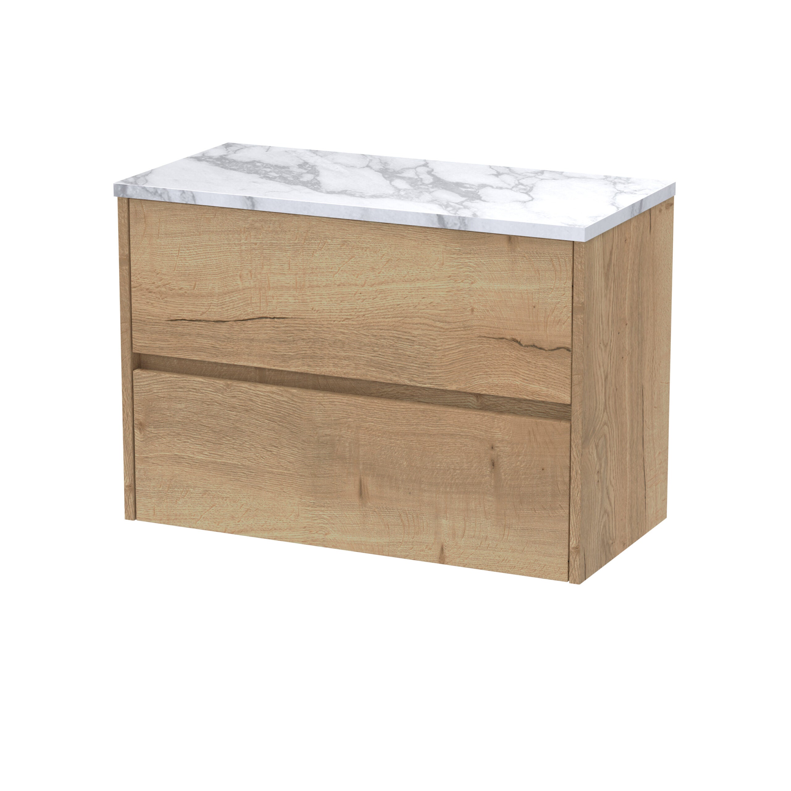 Natural oak bathroom vanity with marble top for modern bathroom design. Features two spacious drawers for storage and a durable surface. Perfect for contemporary and rustic decor styles.
