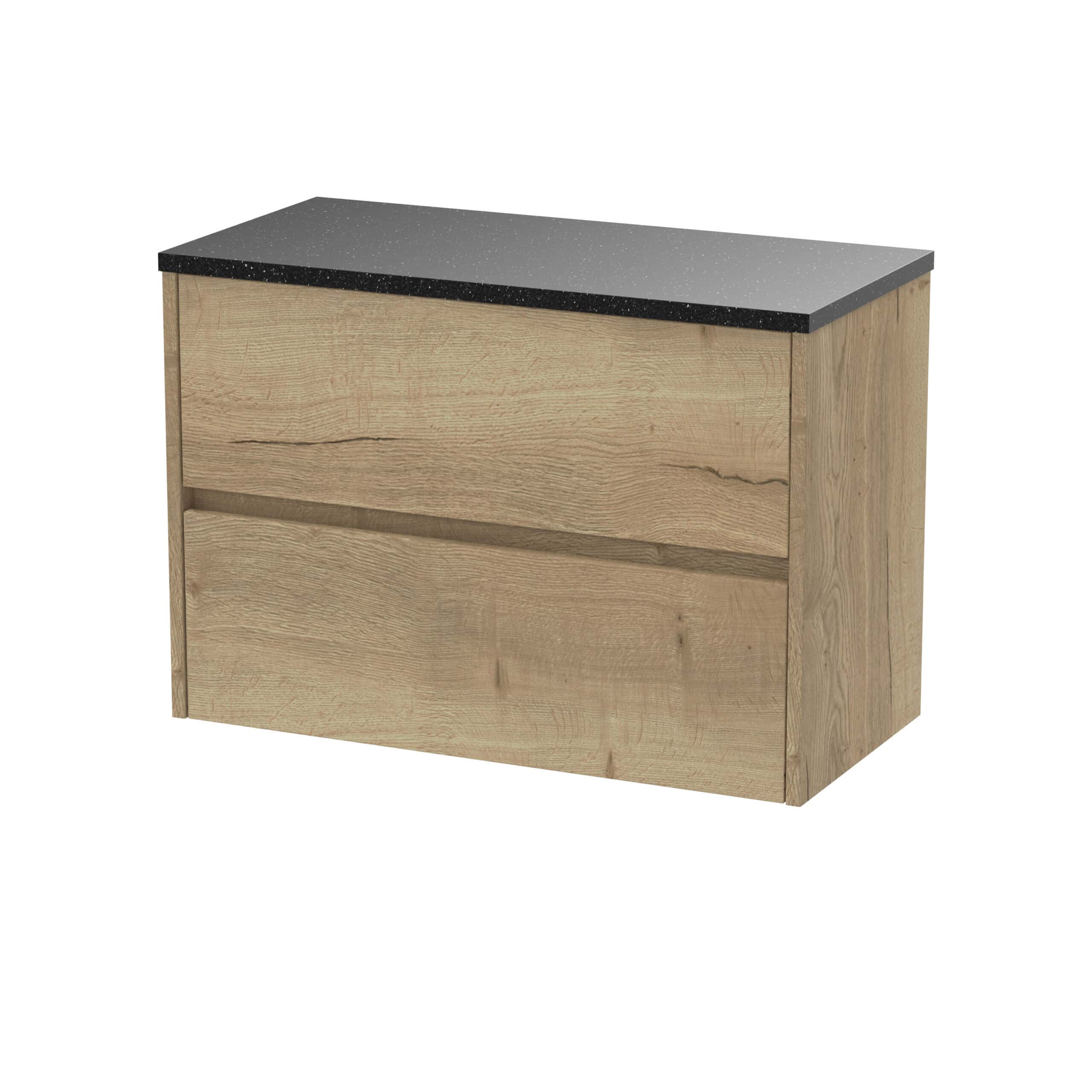 Rustic wooden bathroom vanity with black granite top, modern storage drawers for organised bathroom essentials. Perfect for contemporary and traditional bathroom interiors.