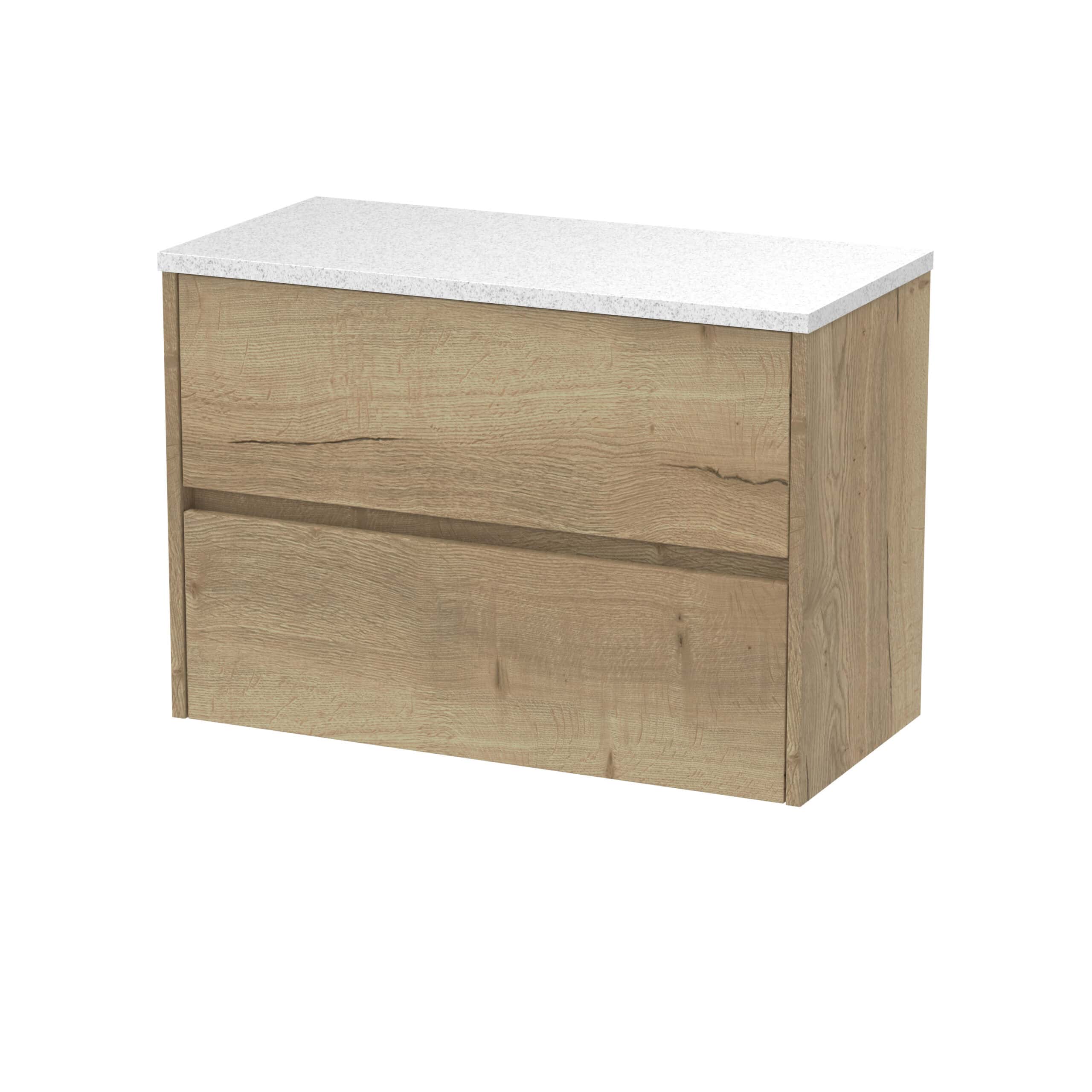 Natural wood bathroom vanity with a white speckled countertop, modern design, and ample storage space. Perfect for contemporary bathrooms seeking functional and stylish furniture.