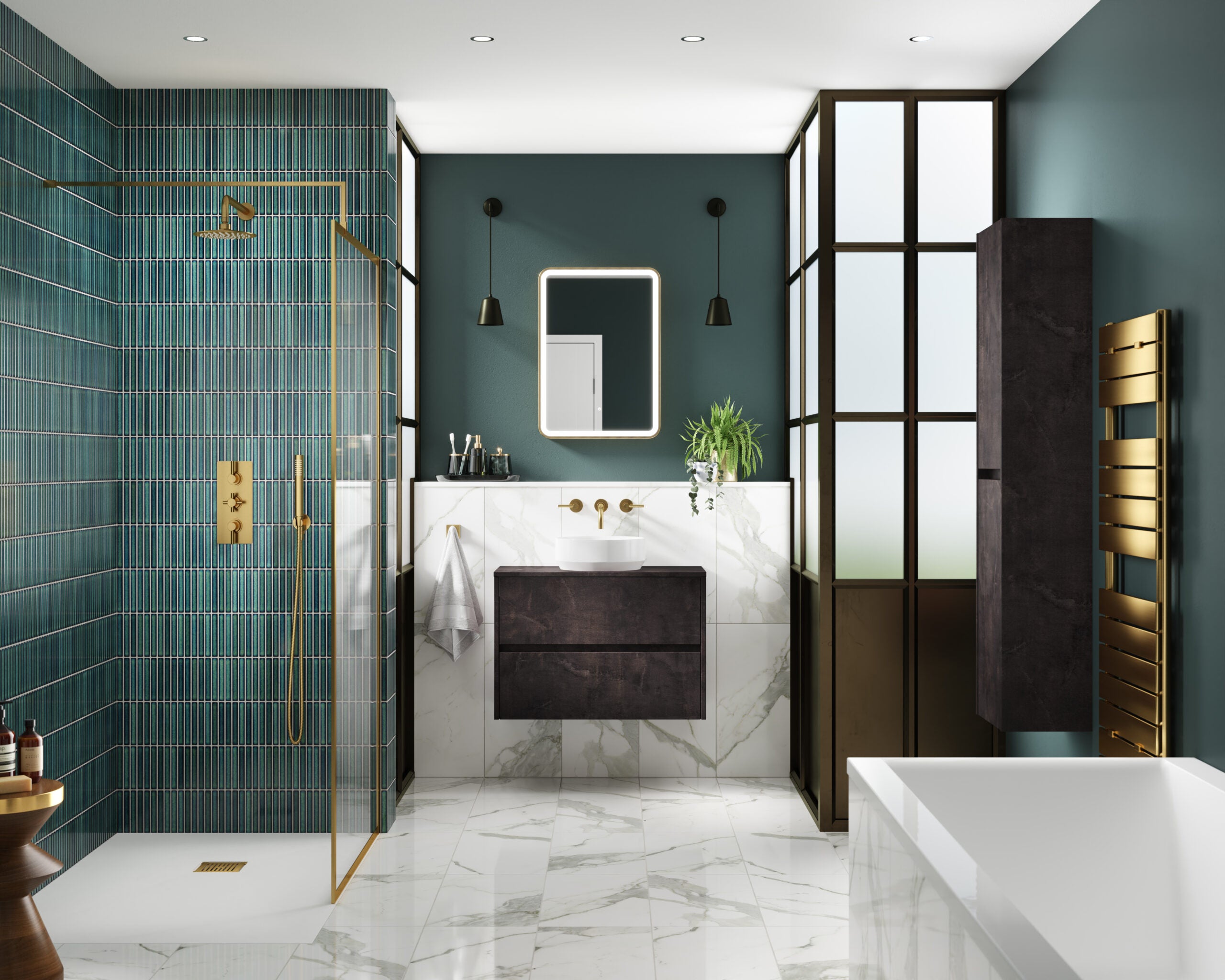 Luxurious modern bathroom with a walk-in shower, marble vanity, black and gold accents, and frosted glass cabinet - perfect for contemporary Bubly Bathrooms design.