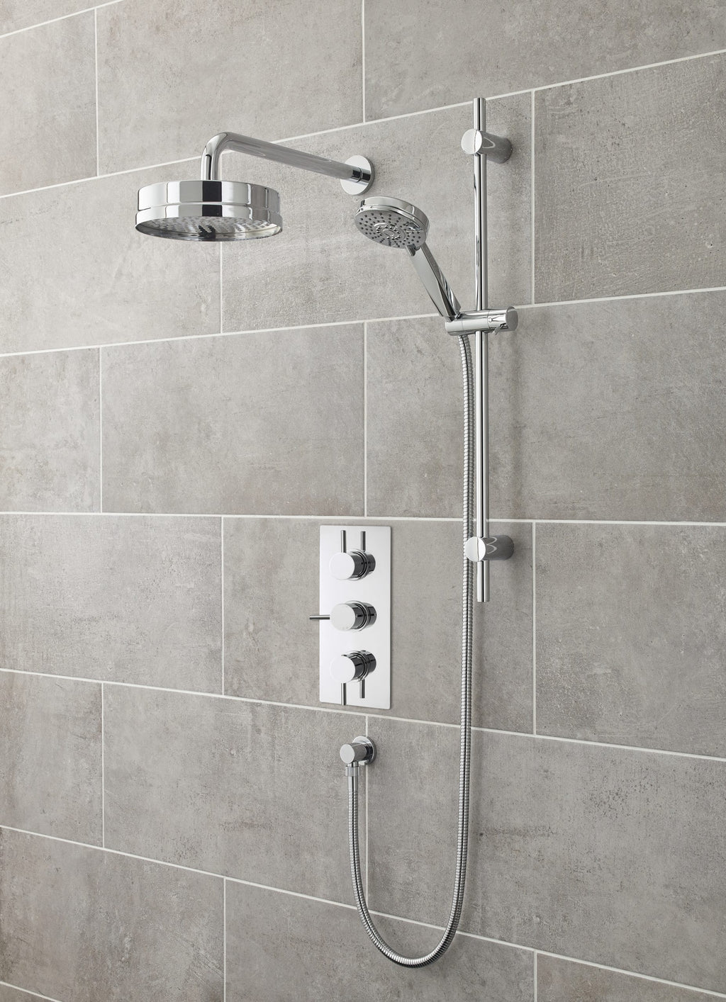 Sleek, modern chrome shower panel with adjustable handset and overhead rain shower for luxury bathroom bathing experience.