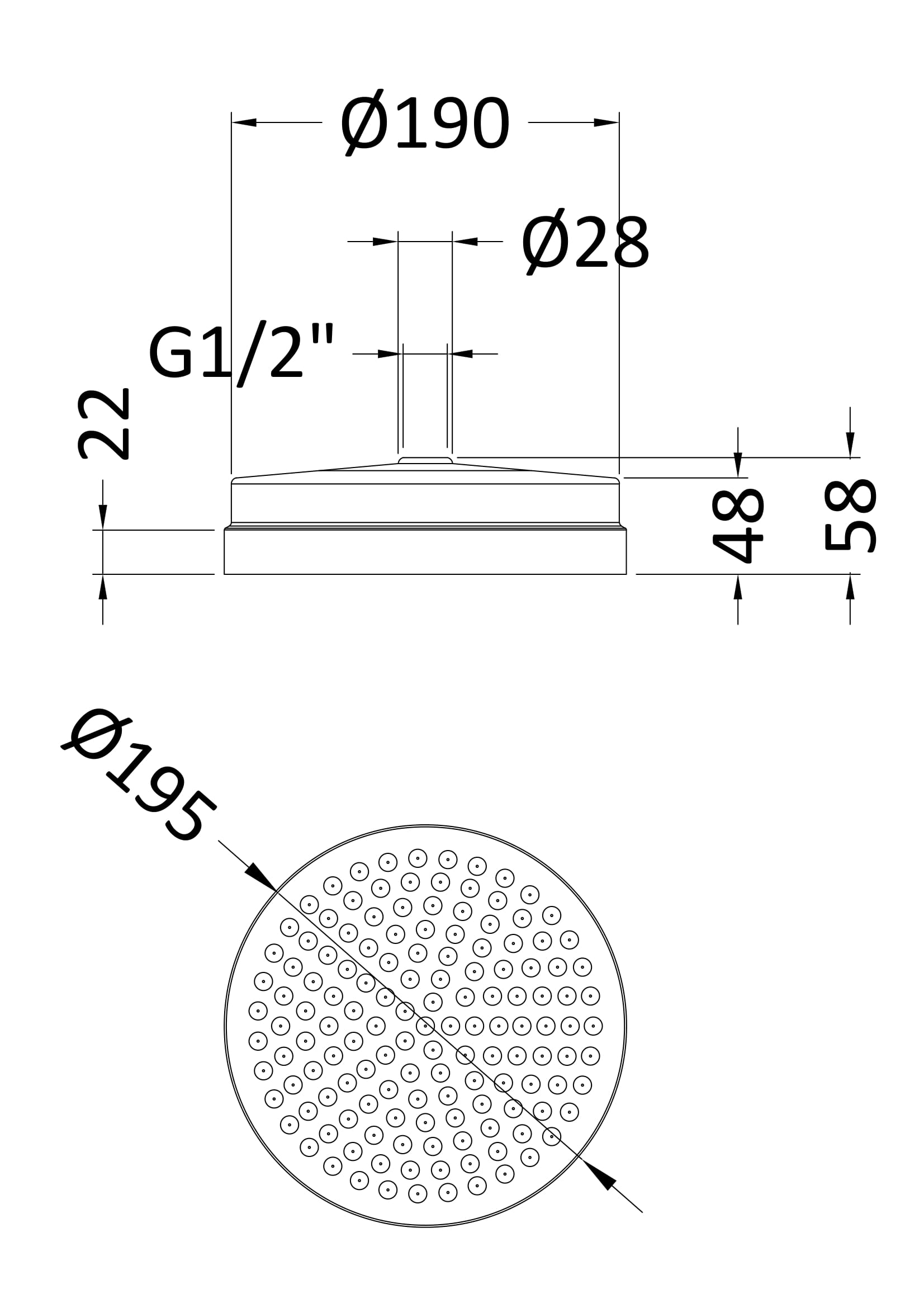 High-quality shower head with dimensions, adjustable spray patterns, G1/2" connection, 190mm diameter, made for modern bathroom renovations and upgrades. Perfect for stylish Bubly bathrooms.