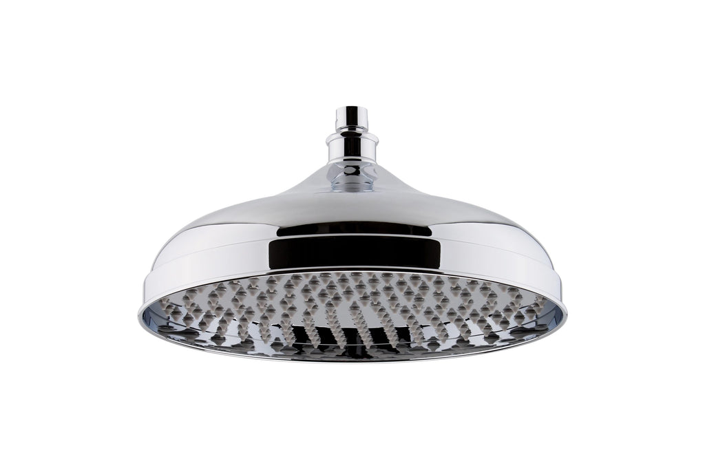 Brass shower head with chrome finish, modern bathroom fixture, high-pressure shower head, reflective surface, water-saving design for luxury bathrooms.