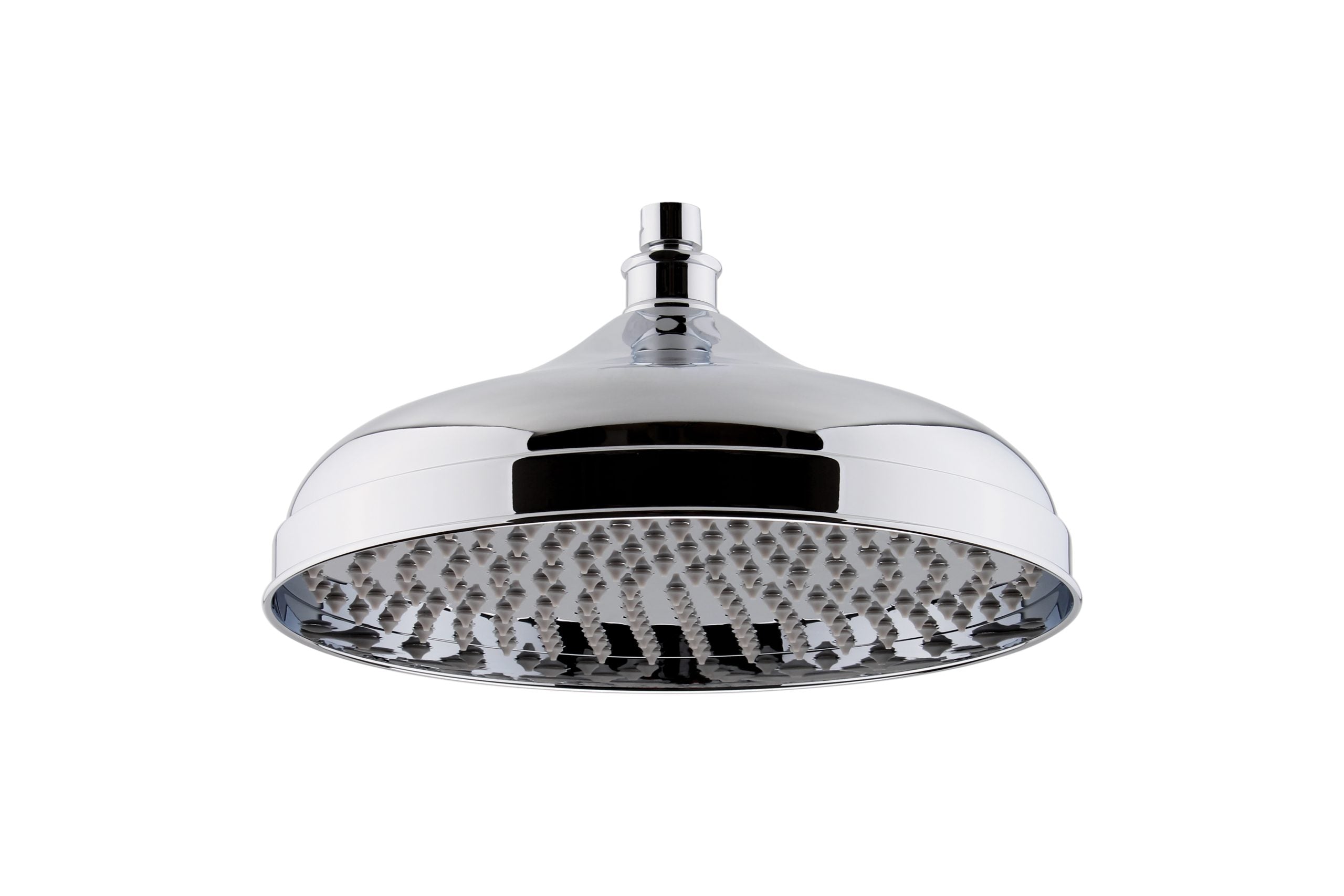 Brass shower head with chrome finish, modern bathroom fixture, high-pressure shower head, reflective surface, water-saving design for luxury bathrooms.