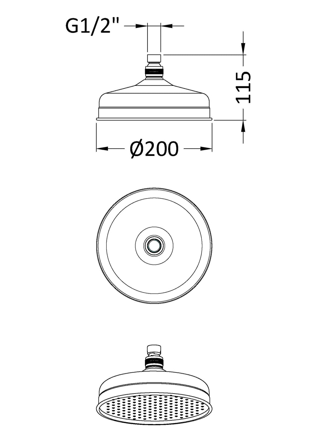 Modern shower head with 200mm diameter, wall-mounted design, G1/2 inch connection, stylish bathroom fixture, perfect for contemporary Bubly Bathrooms.