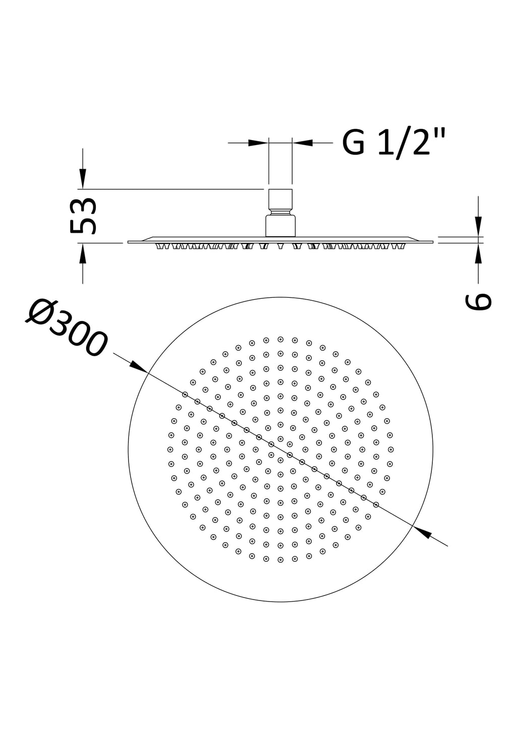 High-quality rain showerhead from Bubly Bathrooms, featuring a 300mm diameter, G 1/2" connection, and a sleek, modern design for luxurious bathroom upgrades.