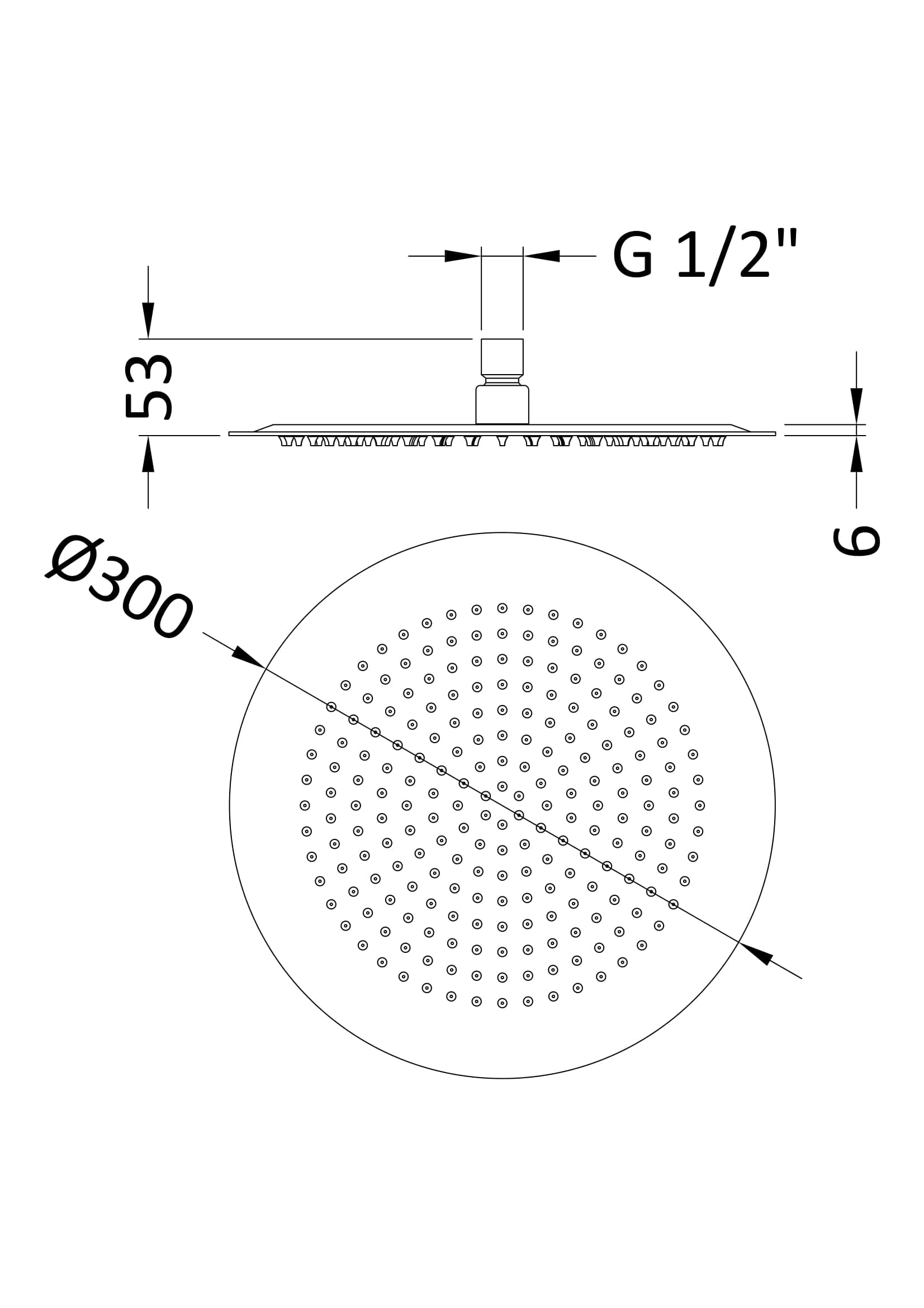High-quality rain showerhead from Bubly Bathrooms, featuring a 300mm diameter, G 1/2" connection, and a sleek, modern design for luxurious bathroom upgrades.