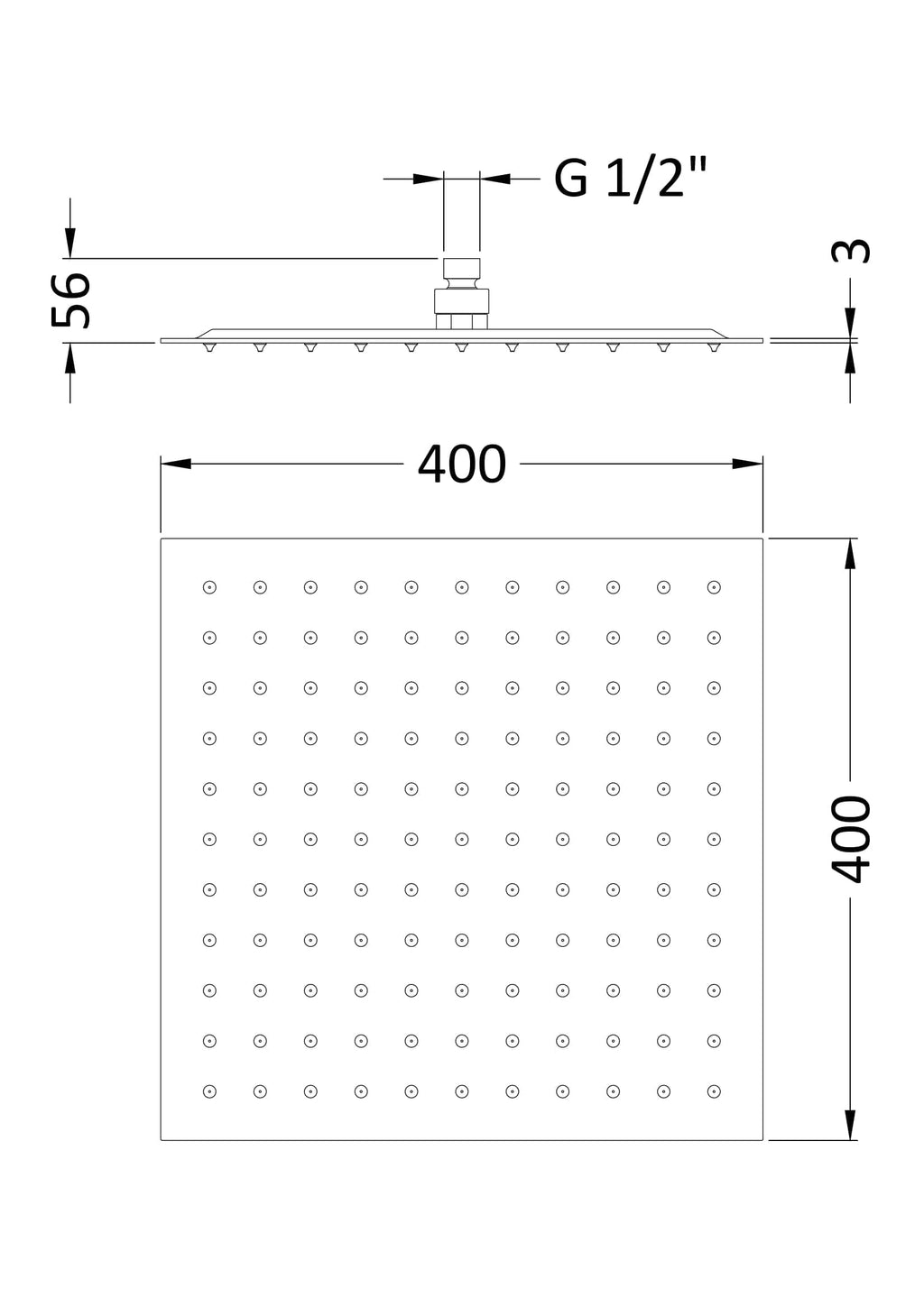 Genuine Bubly Bathrooms shower head technical drawing with detailed dimensions and specifications for plumbing and bathroom renovation projects.
