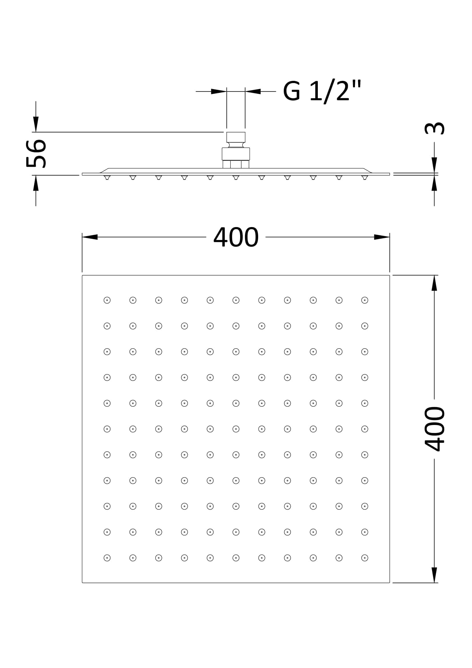 Genuine Bubly Bathrooms shower head technical drawing with detailed dimensions and specifications for plumbing and bathroom renovation projects.