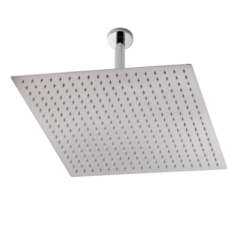 Shower head with square design, chrome finish, and multiple spray nozzles for a luxurious bathroom shower experience.