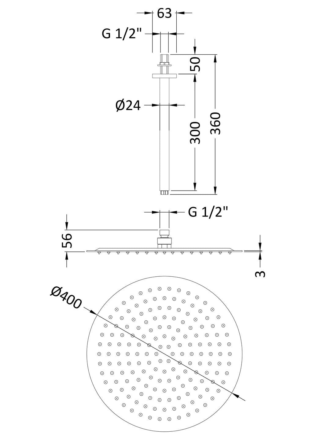Elegant showerhead with adjustable arm, stainless steel finish, compatible with G 1/2" fittings, ideal for modern bathrooms and bathroom renovations.