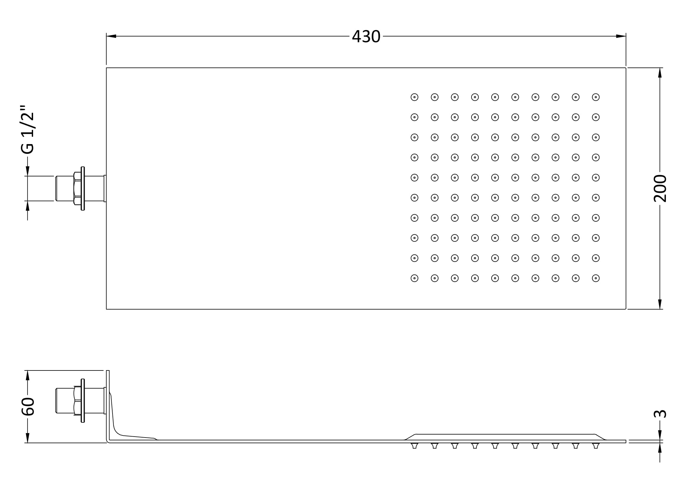 Showerhead diagram with dimensions, showing a large rectangular design with multiple spray nozzles, suitable for modern bathroom shower upgrades.