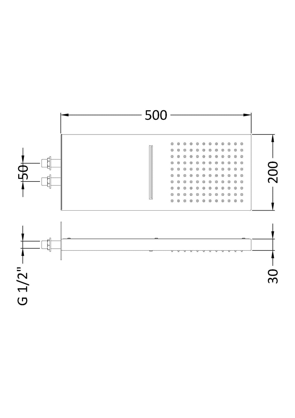 High-quality Bubly Bathrooms shower heater technical drawing with dimensions for bathroom installation and plumbing. Focuses on modern bathroom design and reliable shower systems.