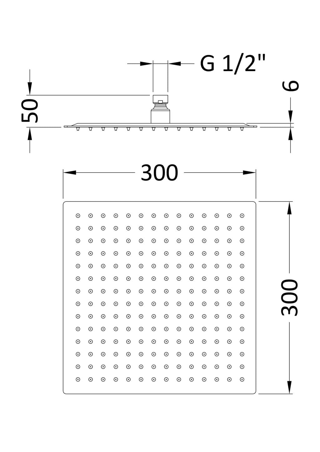 Showerhead specifications with dimensions and G 1/2" connection for bathroom installation.