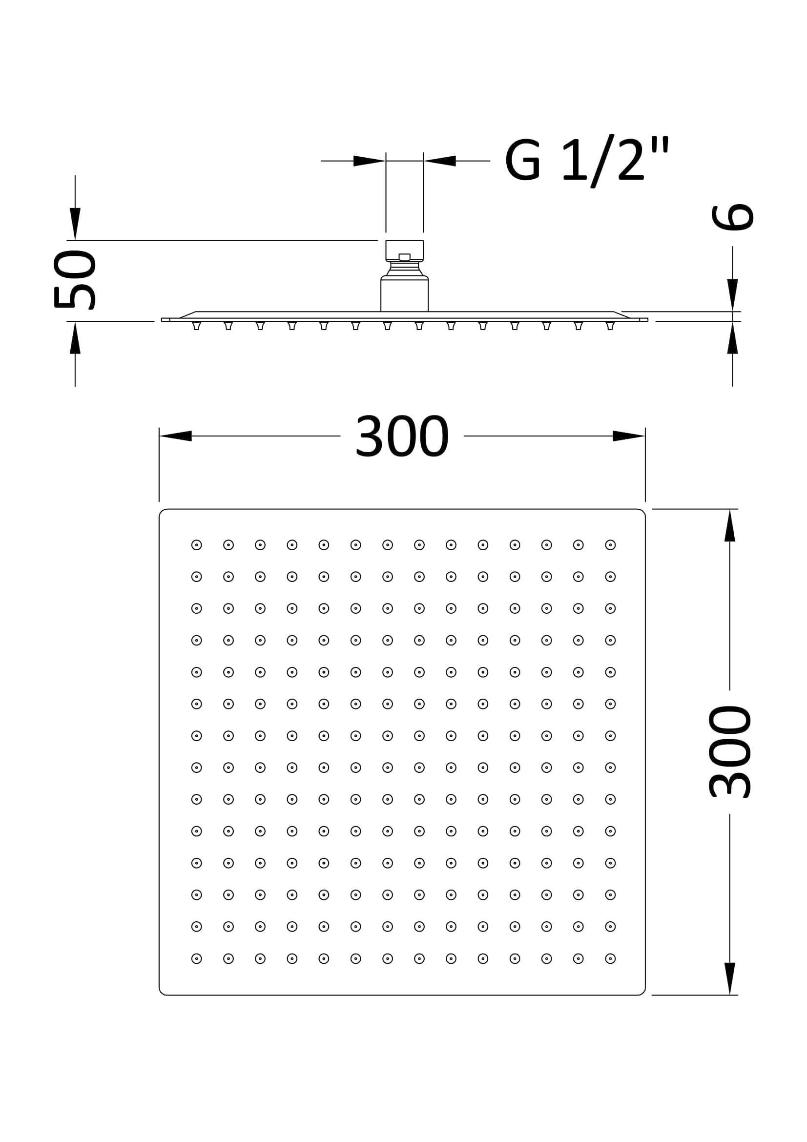 Showerhead specifications with dimensions and G 1/2" connection for bathroom installation.