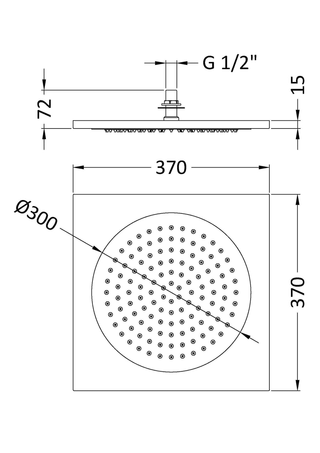 Round shower head with 300mm diameter, durable chrome finish, G 1/2 inch connection, designed for modern bathrooms, easy installation, and optimal water flow.