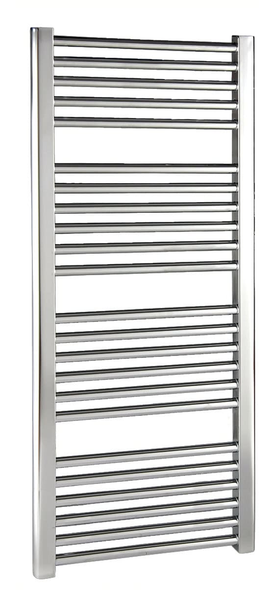 Polished stainless steel bathroom towel radiator, wall-mounted heated towel rail, modern bathroom heating solution, Bubly Bathrooms UK.