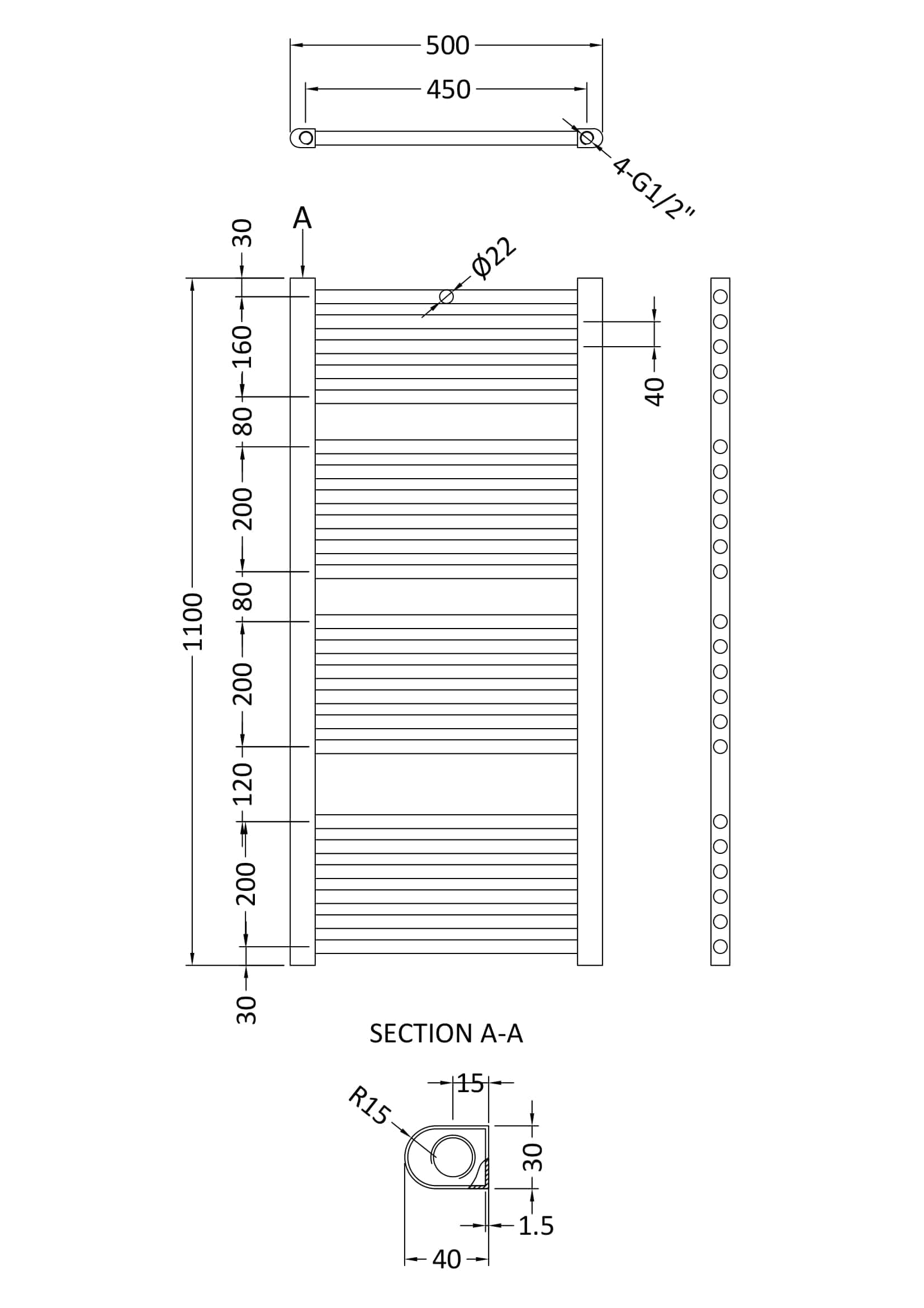 High-quality bathroom radiator with detailed technical drawing, central heating, chrome finish, modern design, efficient heat output, durable construction, and perfect for contemporary bathrooms.