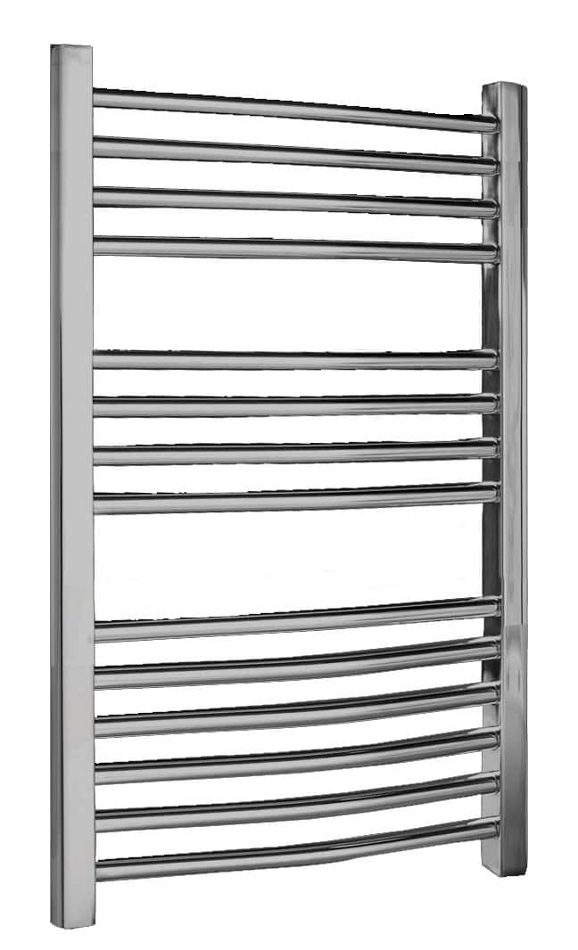 Polished stainless steel heated towel rail, modern design, perfect for bathroom heating and towel drying, ideal for contemporary Bubly bathrooms.