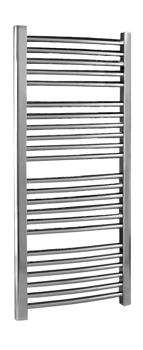 Polished chrome bathroom towel radiator with horizontal bars for heating and drying towels, ideal for modern bathrooms.