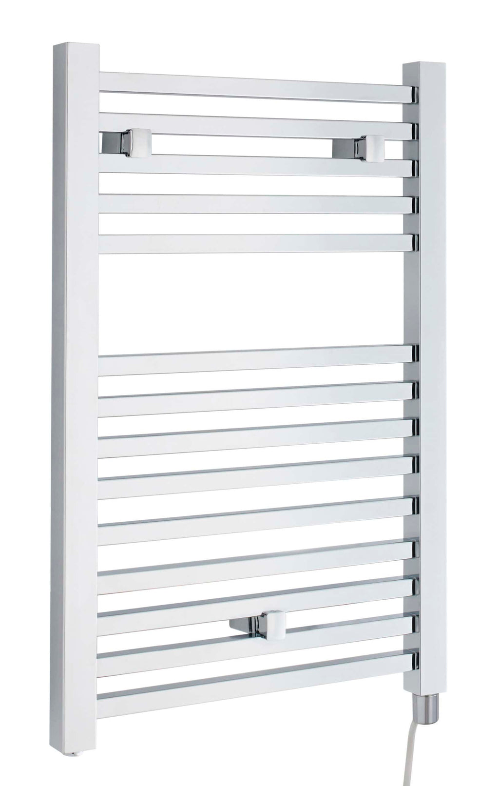 Modern electric towel radiator in white with horizontal bars, perfect for bathroom heating and drying towels, combines functionality and contemporary design.