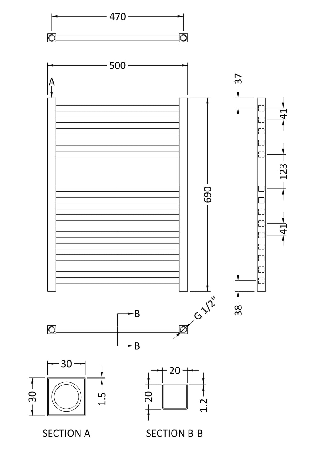 Sleek heated towel rail design ideal for modern bathrooms with precise dimensions and easy installation. Suitable for warming towels and enhancing bathroom comfort.