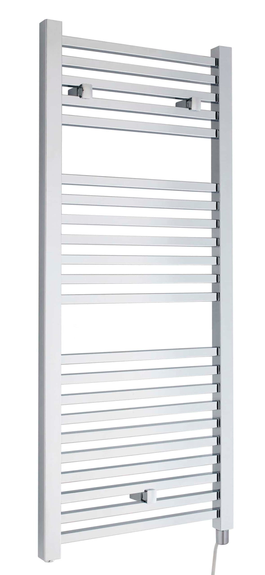 Slimline electric towel radiator, modern heated bathroom towel warmer with chrome finish, ideal for drying towels and heating bathrooms, energy-efficient bathroom radiator from Bubly Bathrooms.