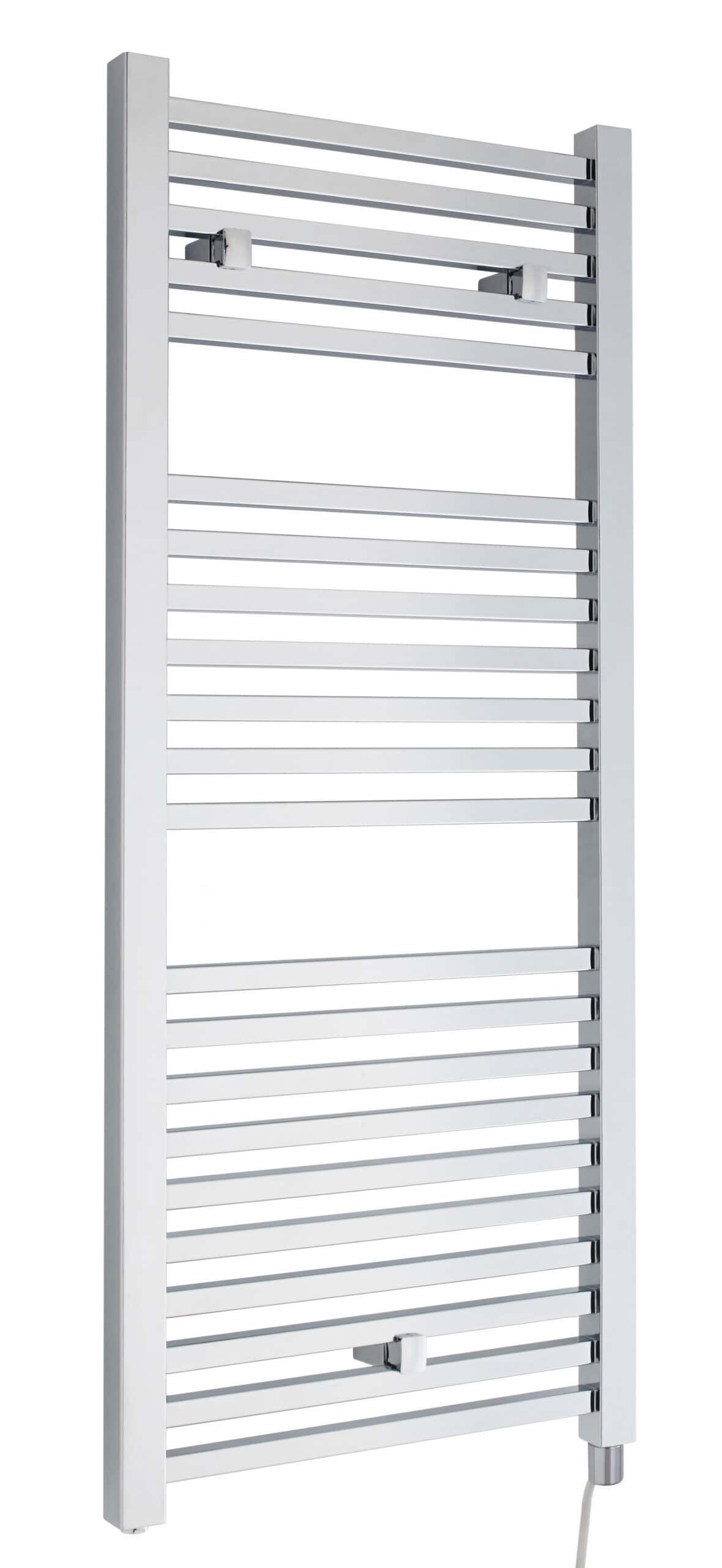 Slimline electric towel radiator, modern heated bathroom towel warmer with chrome finish, ideal for drying towels and heating bathrooms, energy-efficient bathroom radiator from Bubly Bathrooms.