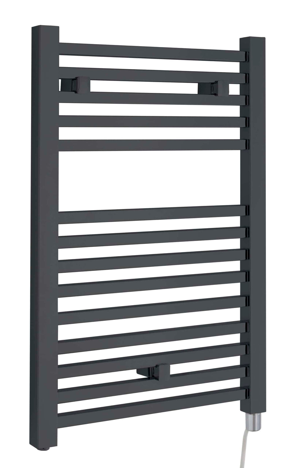 Elegant black bathroom towel radiator with horizontal bars, sleek modern design, ideal for heating and drying towels in contemporary bathrooms.