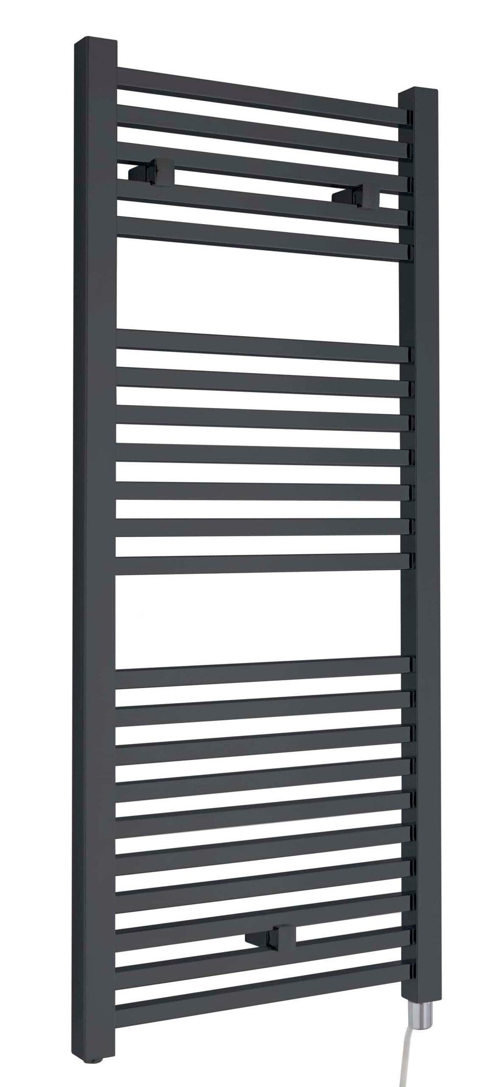 Slimline black electric towel radiator, ideal for modern bathrooms, providing efficient heating and towel drying. Perfect for space-saving bathroom heating solutions.