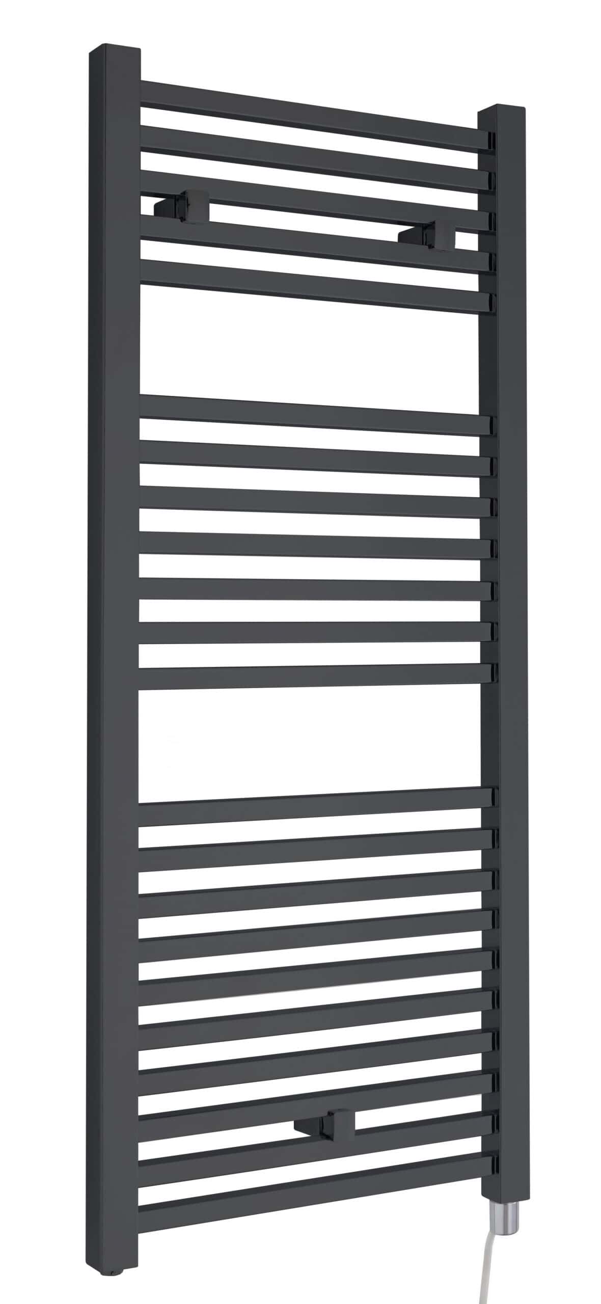 Slimline black electric towel radiator, ideal for modern bathrooms, providing efficient heating and towel drying. Perfect for space-saving bathroom heating solutions.