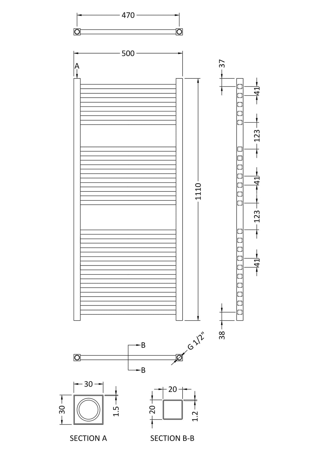 Elegant towel radiator design for modern bathrooms, measuring 1110mm high and 470mm wide, with efficient heat circulation and sleek aluminium finish, perfect for bathroom heating and decor.