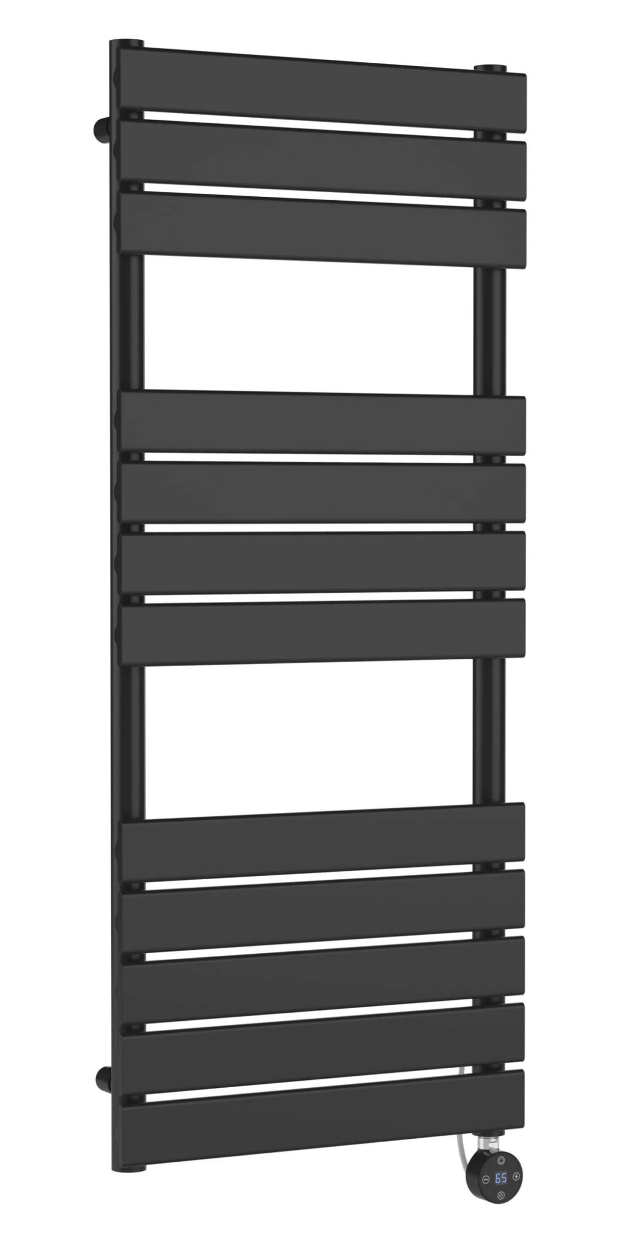 Radiator towel rail with digital thermostat control, black, modern bathroom heating, energy-efficient towel warmer, Bubly Bathrooms UK.