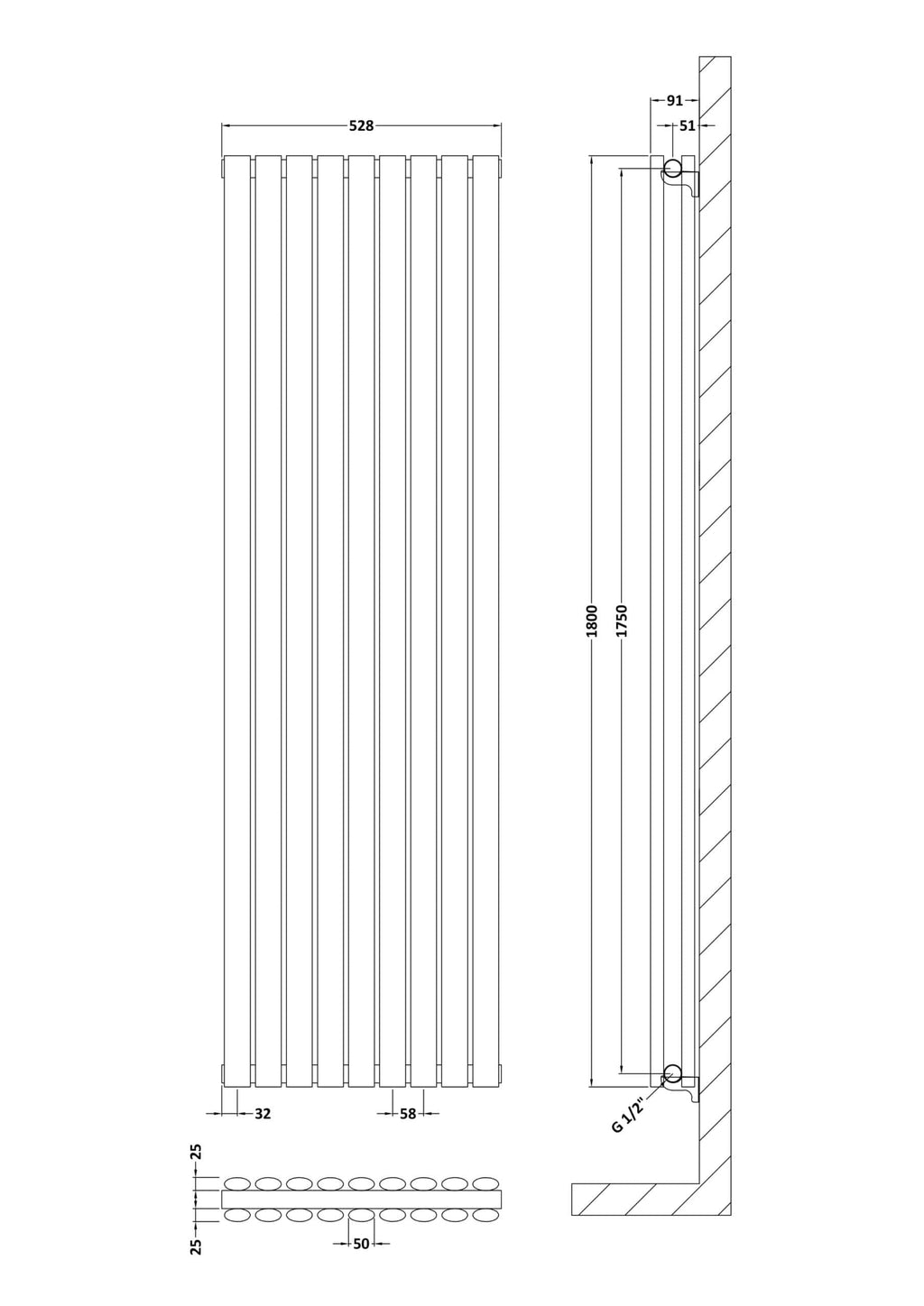 Contemporary vertical radiator design for modern bathrooms with detailed technical drawing. Perfect for elegant bathroom heating solutions.