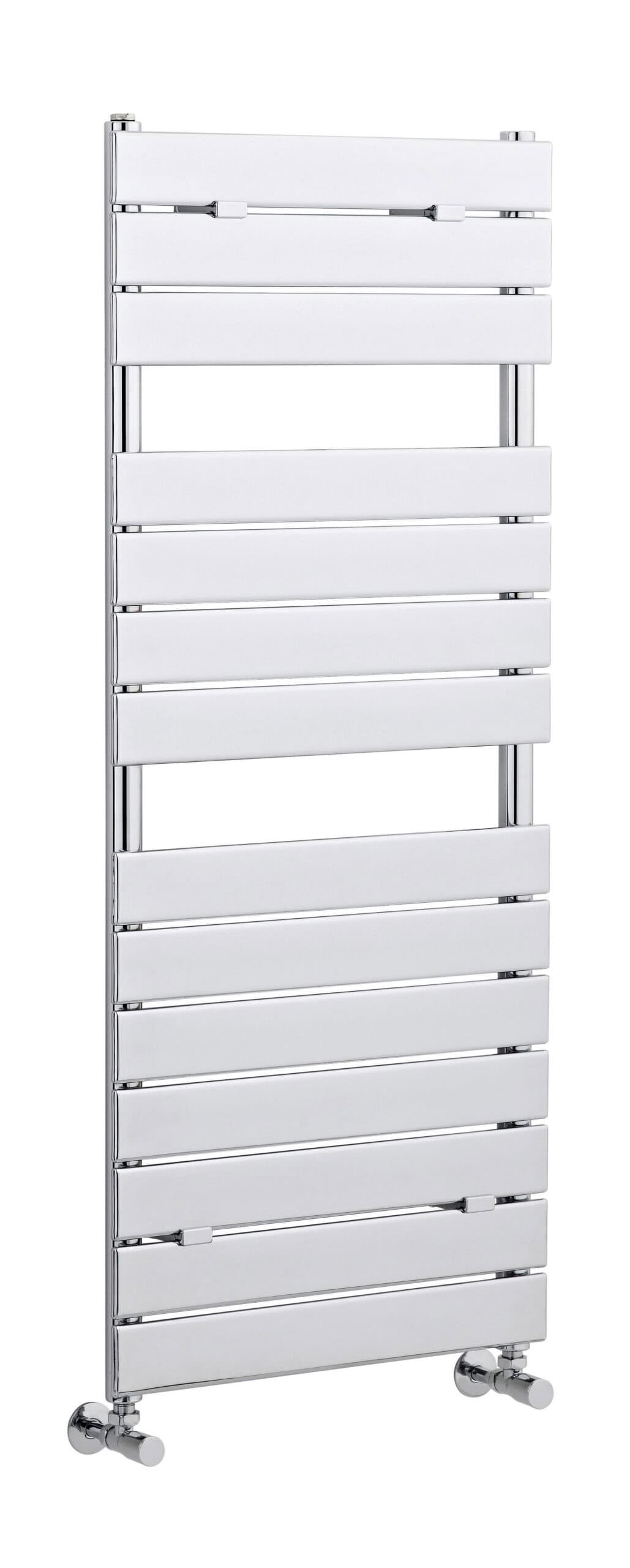 Chrome towel radiator with horizontal bars, modern heated towel rail for bathroom heating and drying, sleek chrome finish, easy to install, energy-efficient design for bathroom comfort.