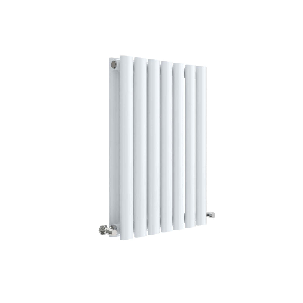White vertical radiator suitable for modern bathroom decor, energy-efficient heating solution, and durable design by Bubly Bathrooms.
