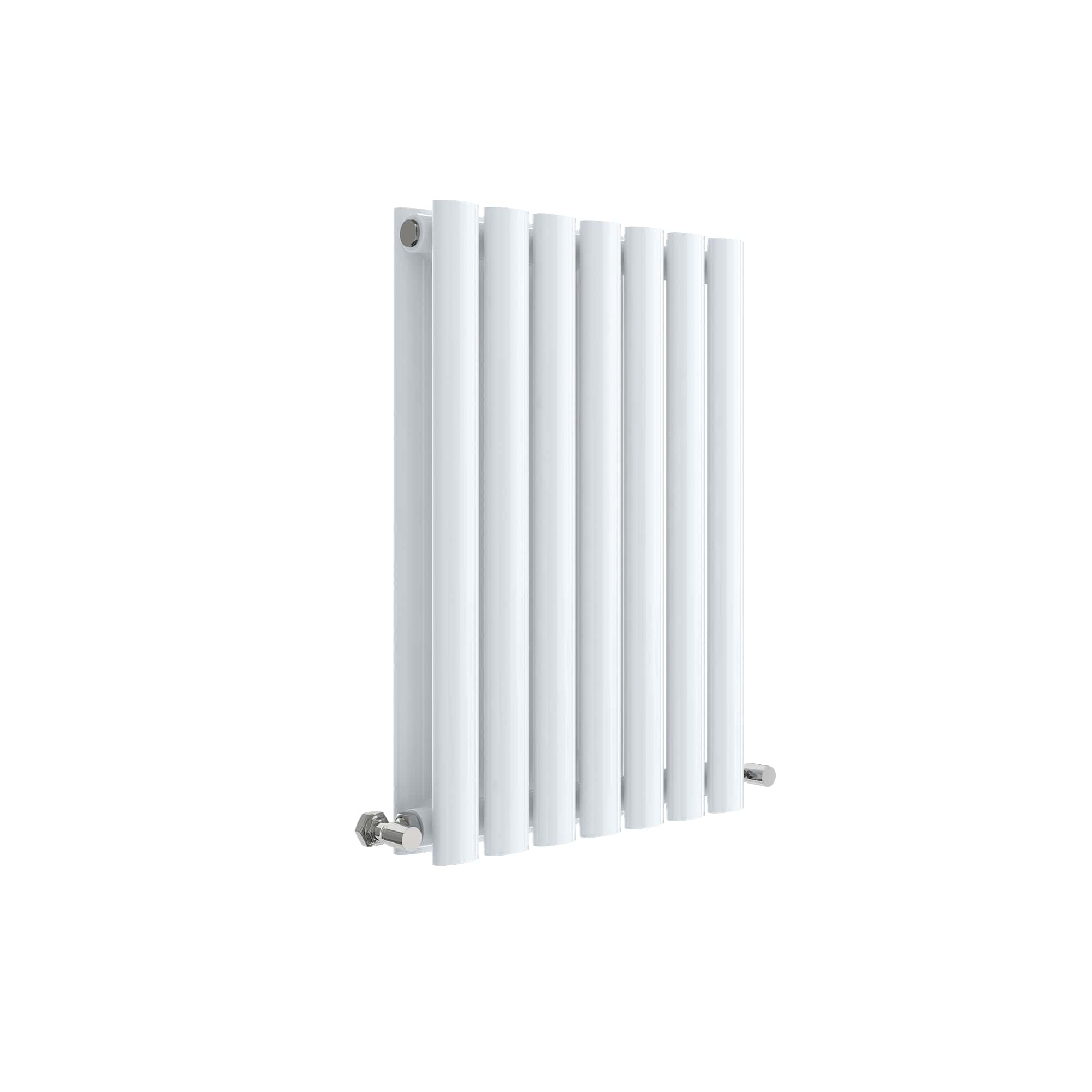 White vertical radiator suitable for modern bathroom decor, energy-efficient heating solution, and durable design by Bubly Bathrooms.