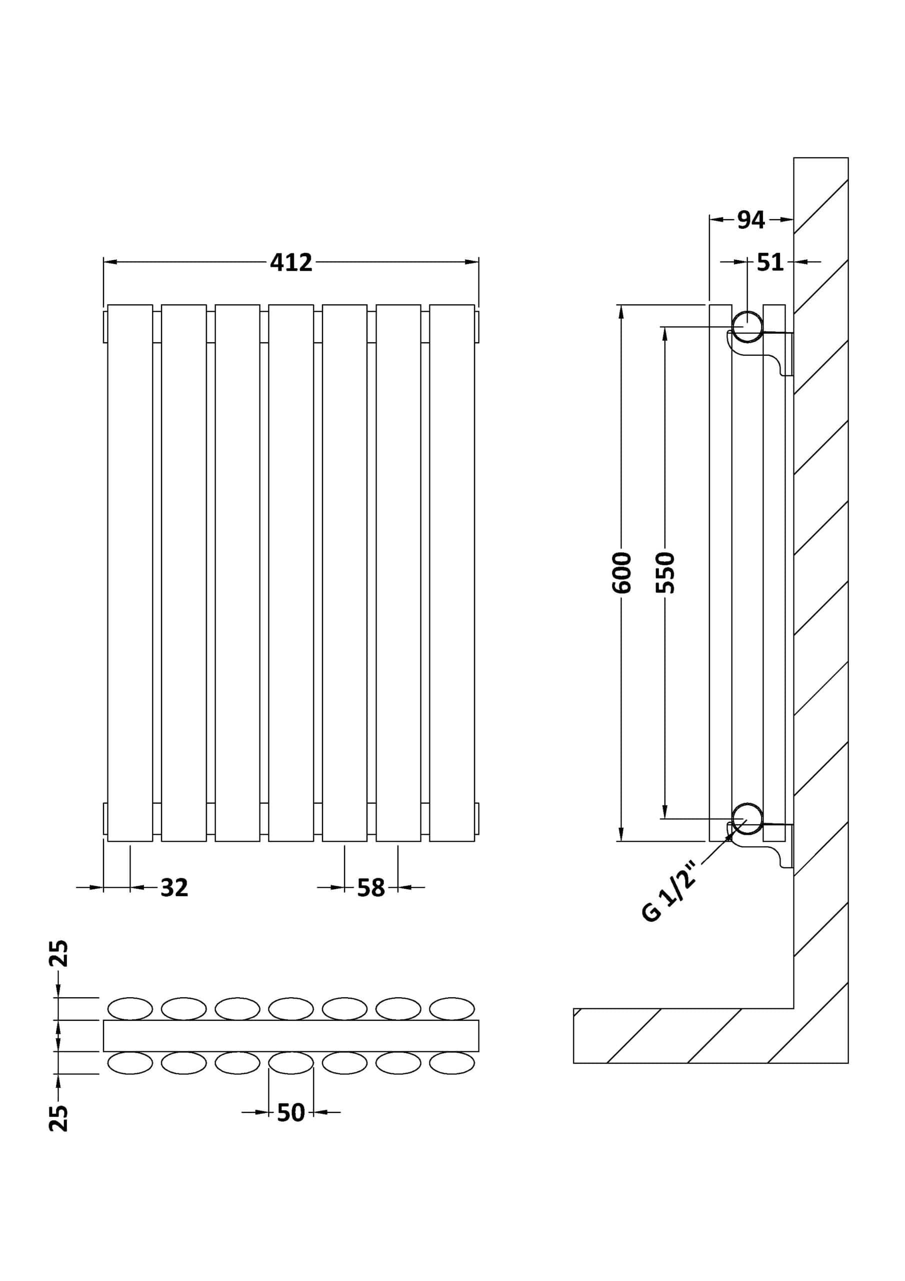Elegant bathroom radiator design with precise measurements, perfect for modern bathroom renovations and heating solutions. Ideal for stylish Bubly bathrooms.