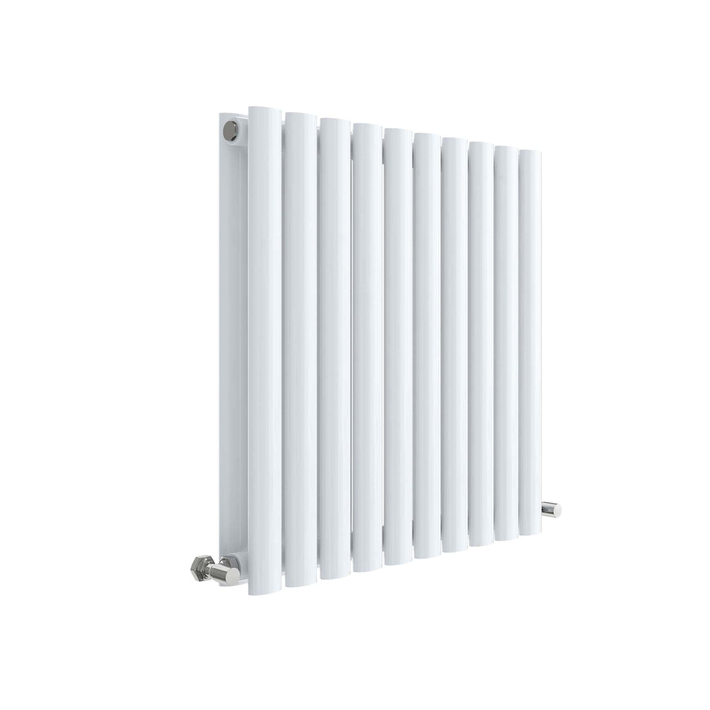 Minimalist white towel radiator with chrome valve, ideal for modern bathrooms, providing efficient heating and towel drying. Elegant design enhances bathroom aesthetics.