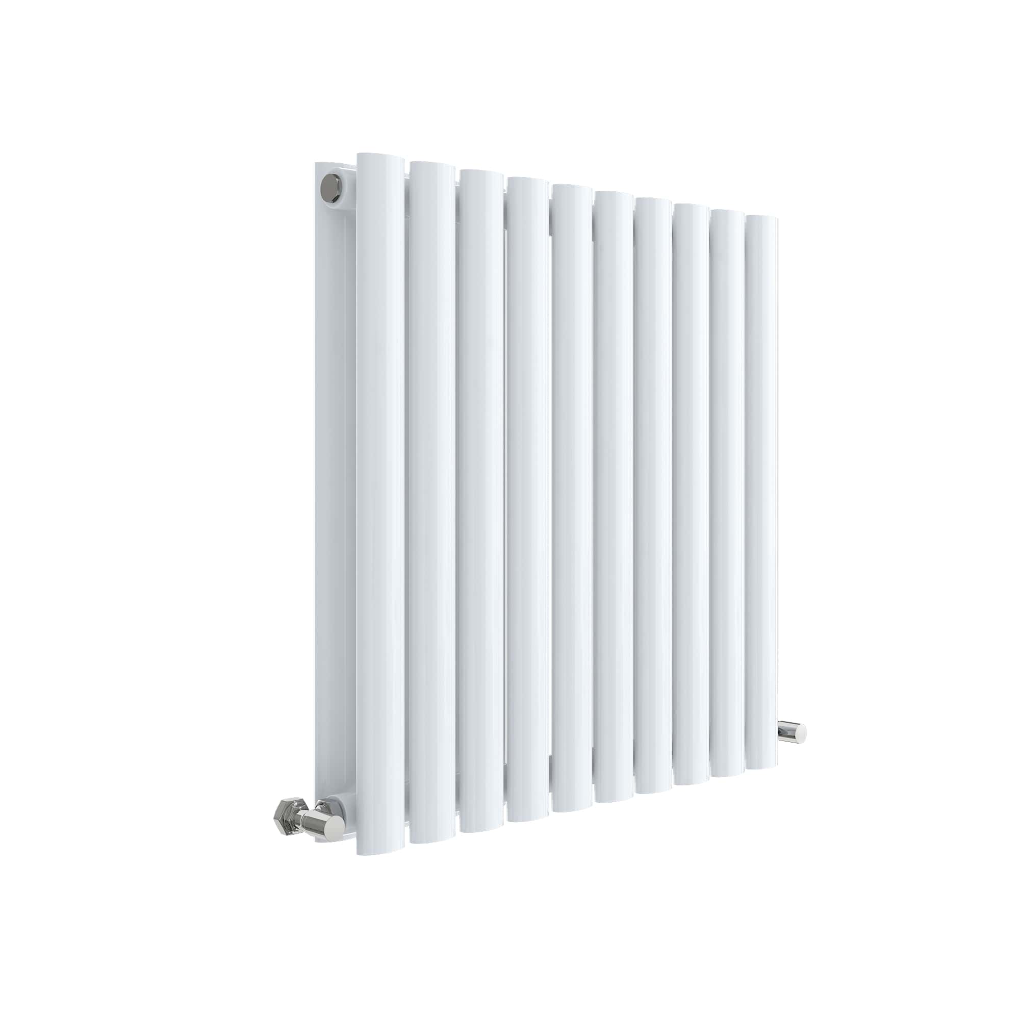 Minimalist white towel radiator with chrome valve, ideal for modern bathrooms, providing efficient heating and towel drying. Elegant design enhances bathroom aesthetics.