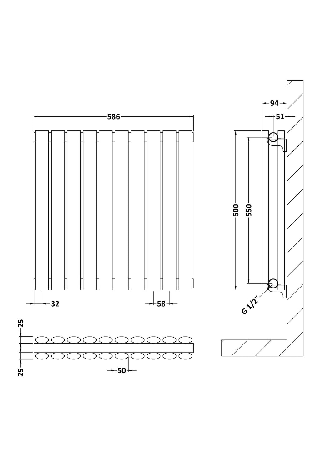 High-quality aluminium heated towel radiator with vertical bars, wall-mounted design, measuring 586mm wide, ideal for modern bathrooms and heating solutions.